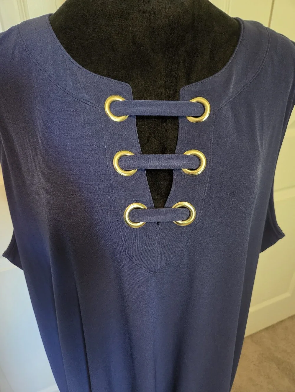 Michael Kors Navy Blue Sleeveless Shift Dress Gold Grommet Lace Up SIZE 3X